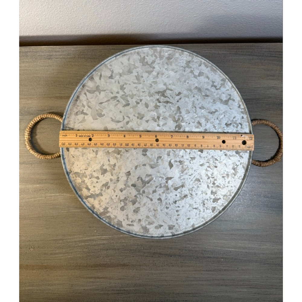 Farmhouse Galvanized Metal Tray 12” Round Rope Handle Serving Centerpiece Decor - Picture 4 of 10